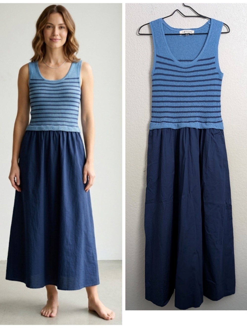 Taylor Blue Striped Top Solid Skirt Maxi Dress Size L Sleeveless Pockets Brunch